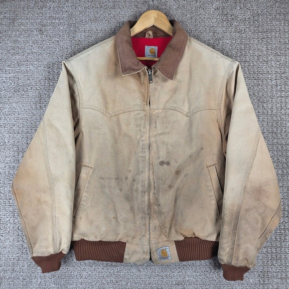 Vintage 90s Carhartt J13 Santa Fe Tan Brown Jacket Red Quilt Lined Mens Large - Picture 2 of 16